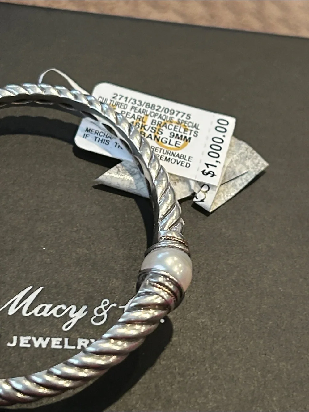 Silver-Tone Rope Bangle with White Pearl Accents